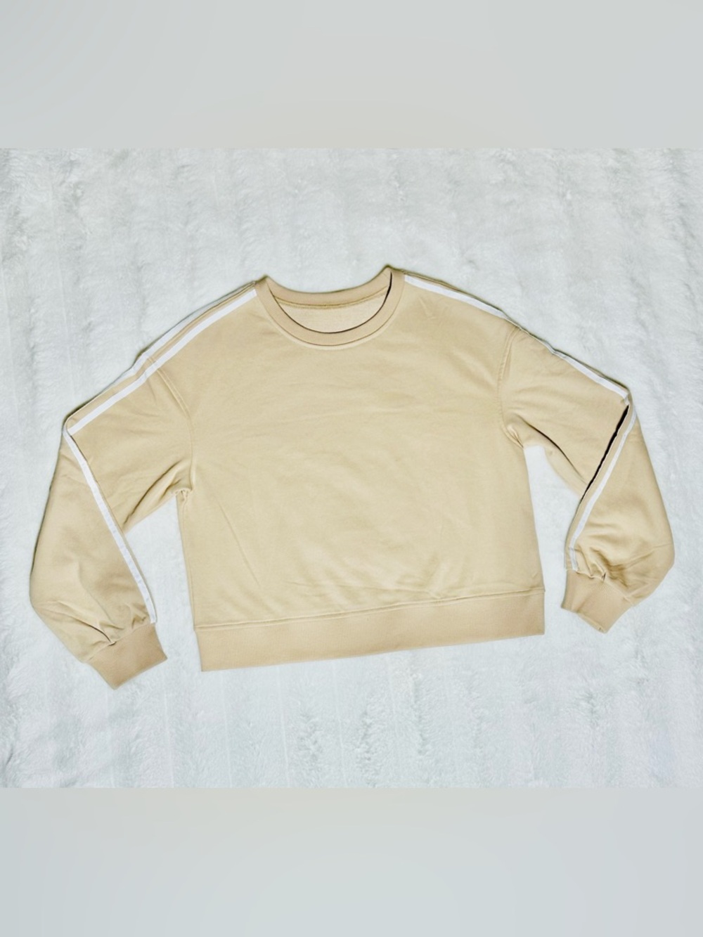 Classic Crewneck Women's Sweater in Beige with Stripe Detail